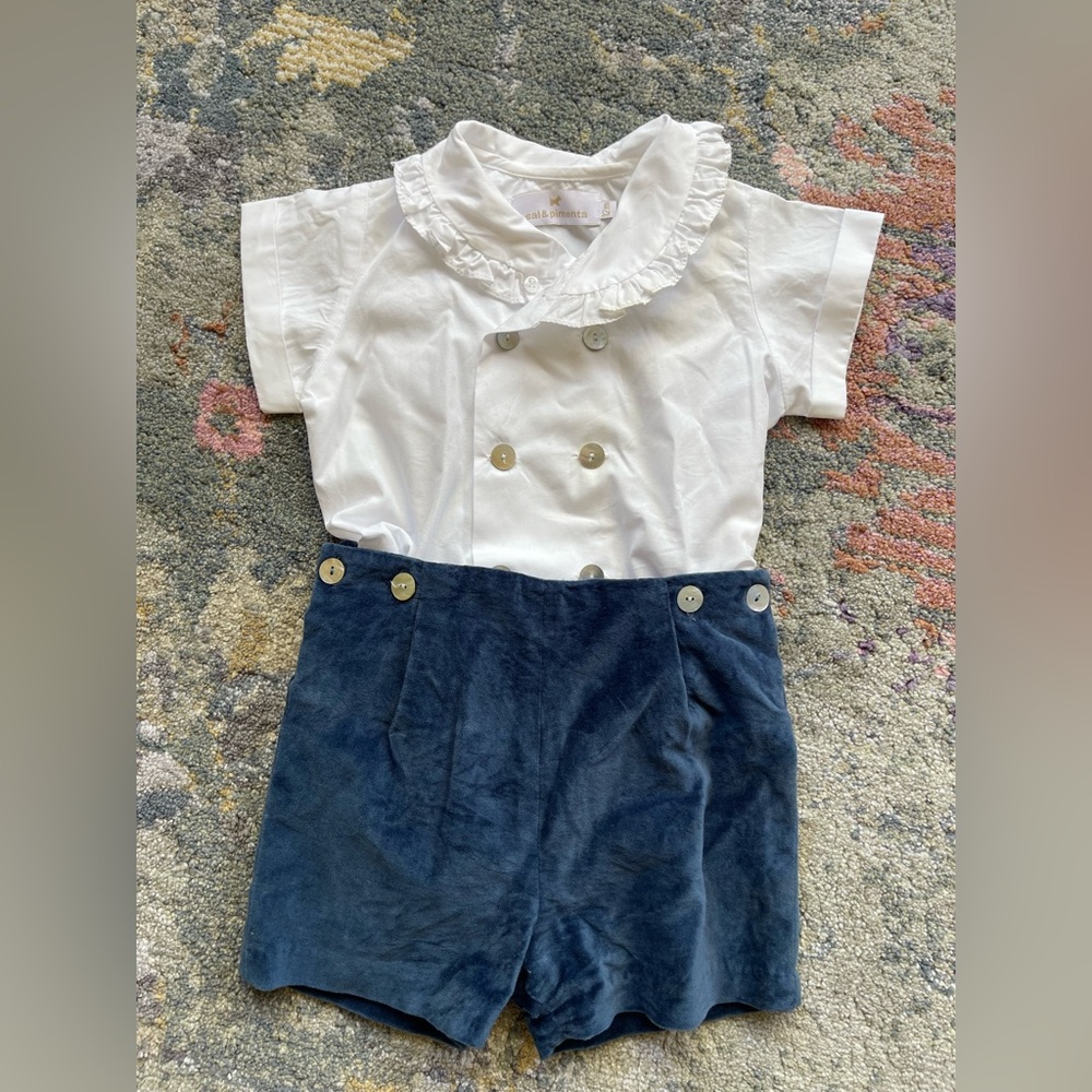 Sal & Pimenta Boy White Ruffled Shirt with Blue Velvet Romper, Sz 12 months